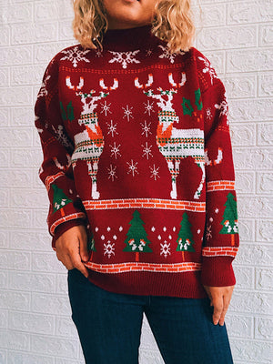 Red acrylic turtleneck sweater with intarsia reindeer and Christmas tree pattern.