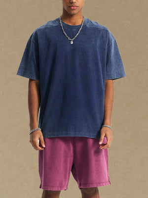 Navy washed cotton t-shirt with round neck and short sleeves.
