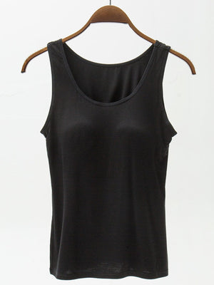 Black basic tank top with built-in support, scoop neckline, sleeveless.