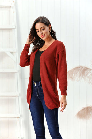 Draped knit open-front cardigan in deep red, 100% acrylic, with a relaxed fit and long sleeves.
