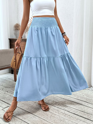 Light blue ruffled smocked waist maxi skirt with tiered hem