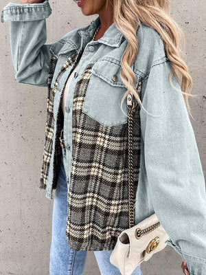 Light blue denim jacket with plaid paneling and button details.