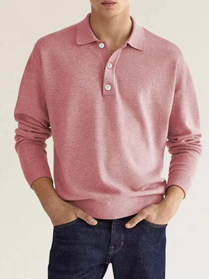 Relaxed Dusty Pink polo knit sweater with buttoned placket and long sleeves.