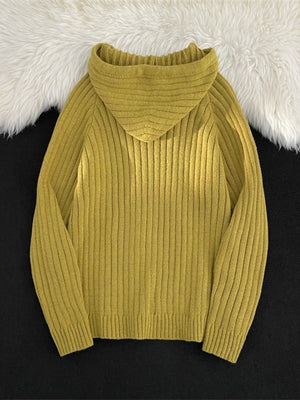 Yellow ribbed knit hooded sweater with a cowl neck and long sleeves.