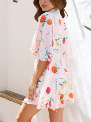 Limoné print shirt romper in blush pink with fruit and zigzag pattern