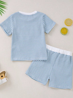 Blue and white striped baby tee and shorts set with white trim.