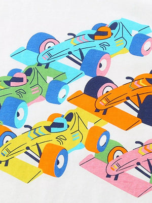Toddler t-shirt with colorful racing car graphic, 100% cotton.