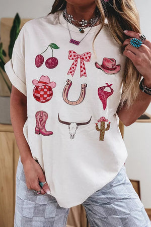 Coquette Cowgirl Elements Printed Relaxed Tee in White, front view