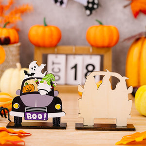 Halloween gnome car tableau set with ghost and pumpkin, multicolor wooden decor.