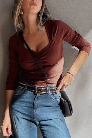 Gathered Bust Square Neck Ribbed Long Sleeve Top, side view
