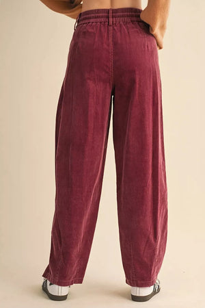 Elastic Waist Drawstring Corduroy Casual Pants in Burgundy, side view