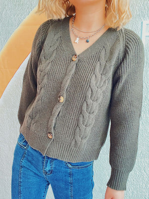 Sage cable knit raglan cardigan with button front and v-neck.