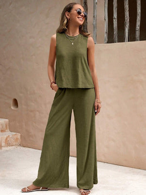 Army green linen tank and palazzo pant set with a relaxed fit.