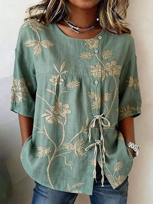 Embroidered Floral Tie Front Shirt Plus Size in Blue, front view