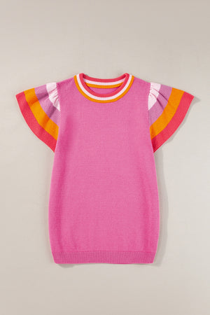 Pink knit blouse with flutter sleeves and colorblock trim at neckline and sleeves.