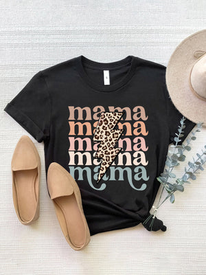Black graphic t-shirt with "Mama" text in pastel colors and a leopard print lightning bolt.