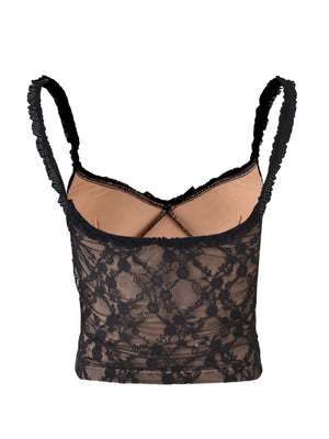 Black lace cami with ruffled straps and a nude lining.