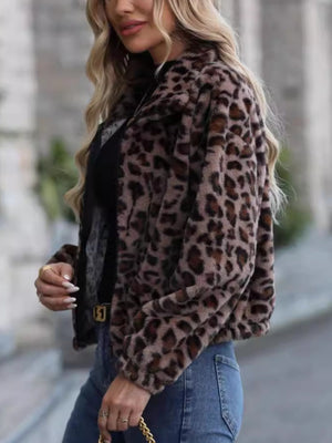 Leopard print zip-up jacket with faux fur texture and a casual fit.