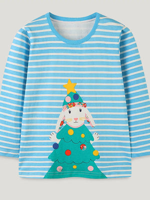Blue striped cotton t-shirt with festive rabbit Christmas tree graphic.