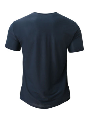 Navy blue men's crew neck t-shirt with textured breathable fabric