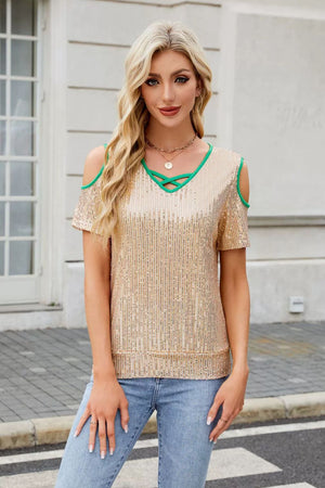 Sequin cross-front cold shoulder top with green trim