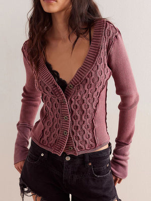 Moonlit Mauve 100% cotton cable knit panel cropped cardigan with button front and deep V-neck.