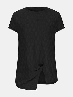Black textured tee with short sleeves, crew neck, and asymmetric knot-front detail