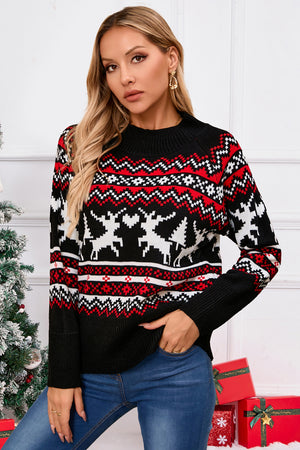 Black acrylic knit sweater with festive Fair Isle reindeer and tree pattern, crew neck, long sleeves.