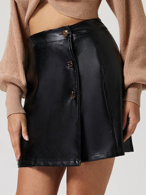 Black faux leather mini skirt with asymmetric button front detail
