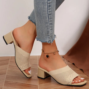 Khaki knit block heel mules with square toe and open back.
