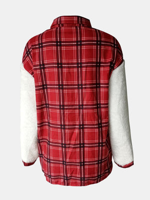 Plaid shacket with sherpa sleeves in Deep Red, featuring button details.