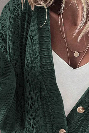 Chic mesh detail cardigan in Black Forest green with button front and open knit pattern.