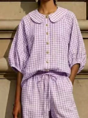 Full Size Plaid Button Up Shirt And Pants Set Plus Size, side view