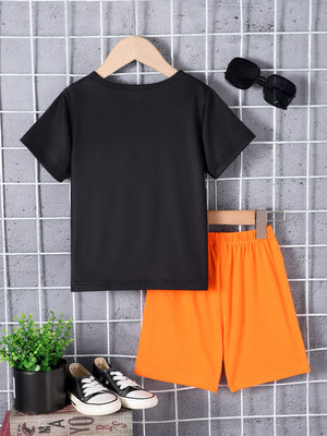Black graphic tee with orange shorts set for boys.