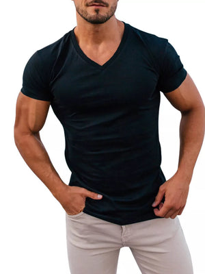 Men's Full Size V-neck Slim Fit Casual T-shirt in Light Gray, close-up detail