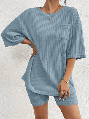 Light blue ribbed lounge set with short sleeves and a chest pocket.