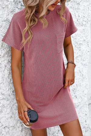 Deep Rose ribbed tee dress with patch pocket and vertical stripes.