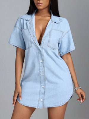 Light wash denim shirt dress with pockets, collared, button-down, short sleeves