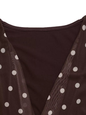 Brown polka dot mesh bodysuit with a cowl neck detail and a dark brown lining.
