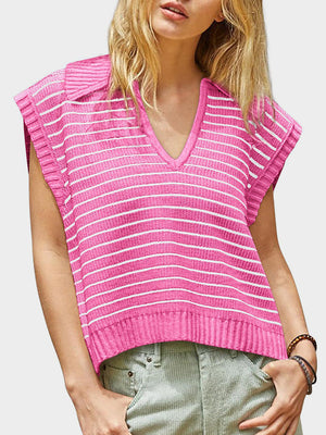 Pink ribbed knit polo vest with white horizontal stripes and a V-neck.