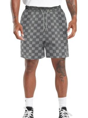 Men's dark gray checkered chino shorts with drawstring waist.