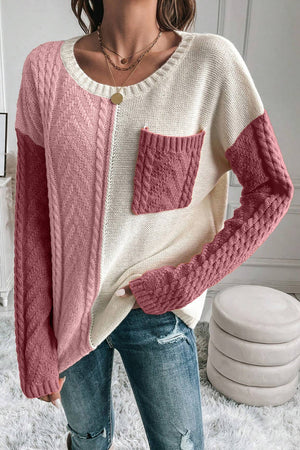Textured panel pocket sweater in dusty pink and cream with cable knit sleeves and pocket.