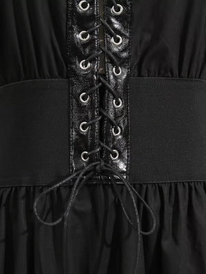 Black lace-up midi dress with faux leather detail and elastic waistband.