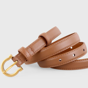 Brown cowhide leather belt with gold buckle and stitched details.