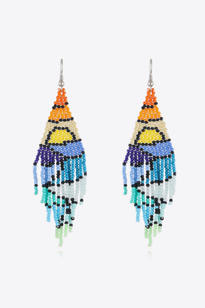 Women's chic beaded drop earrings with colorful abstract design and fringe detail