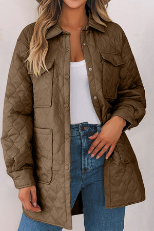 Quilted utility jacket in Camel with button front and chest pockets.