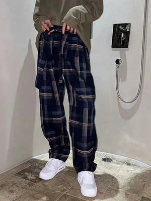 Men's Plus Size Plaid Relaxed Fit Pants in Black, side view