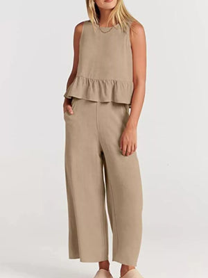 Ruffled Hem Sleeveless Top And Wide-leg Pants Set Plus Size in Black, view 18