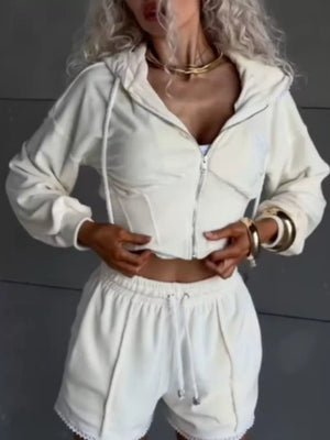 Zip Up Hooded Outerwear And Shorts Set, fit detail
