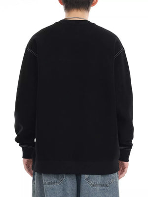 Black oversized long-sleeve sweatshirt with contrast stitching detail.